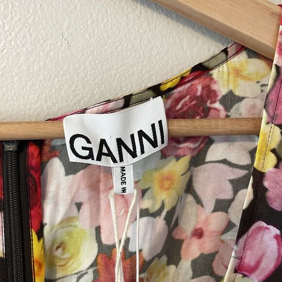 NWT GANNI Ruched Floral-Print Silk-Blend Satin Midi Dress Size 36 - Picture 4 of 12